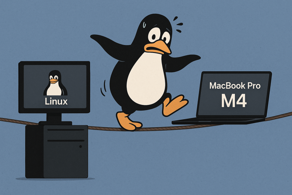 pingouin de linux qui va vers un macbook